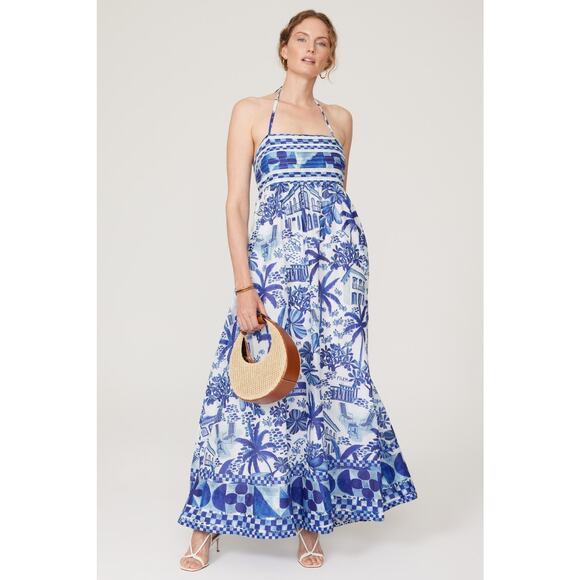 FARM Rio Dresses & Skirts - Farm Rio Sweet Rio Blue White Tropical Print Tie Maxi Dress Size Large